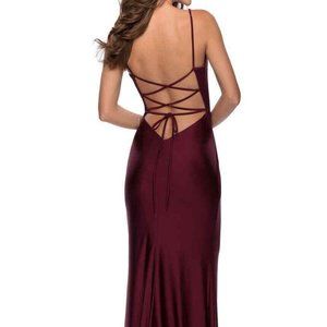 La Femme Dark Berry Strappy Back Ruched High Side Slit Gown